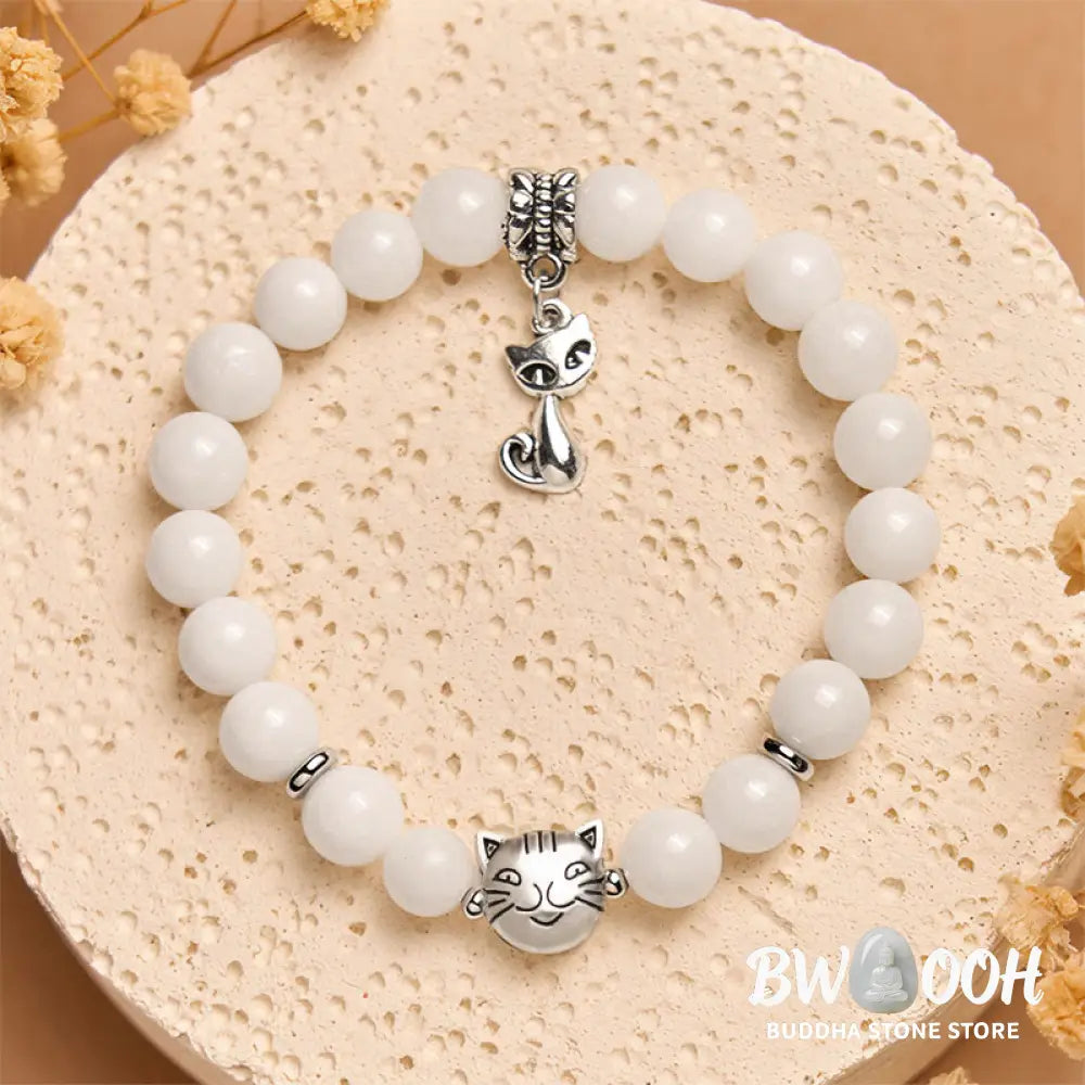Buddha Stones White Cat Natural White Chalcedony Bead Positive Bracelet - White Cat(Wrist Circumference 14-16cm)
