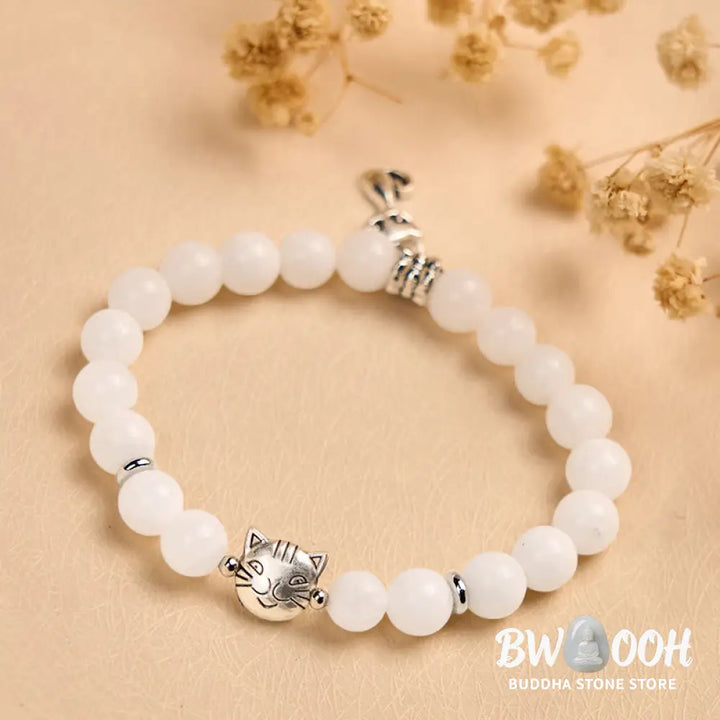 Buddha Stones White Cat Natural White Chalcedony Bead Positive Bracelet - White Cat(Wrist Circumference 14-16cm)