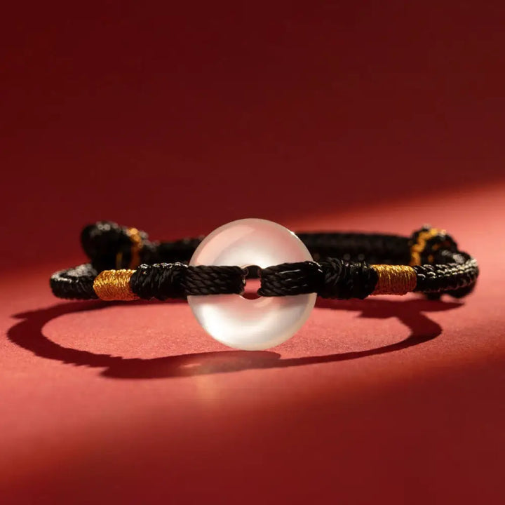 Buddha Stones White Chalcedony Peace Buckle Braided Connection Bracelet - Black Rope / 12-13 CM - Bracelet