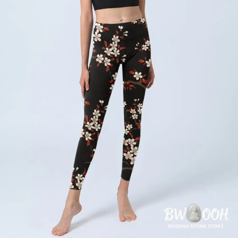 BWOOOH printed yoga leggings - White Cherry Blossoms Red Leaves Print G