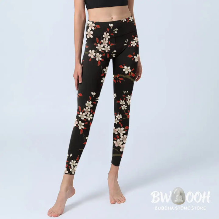 BWOOOH printed yoga leggings - White Cherry Blossoms Red Leaves Print G