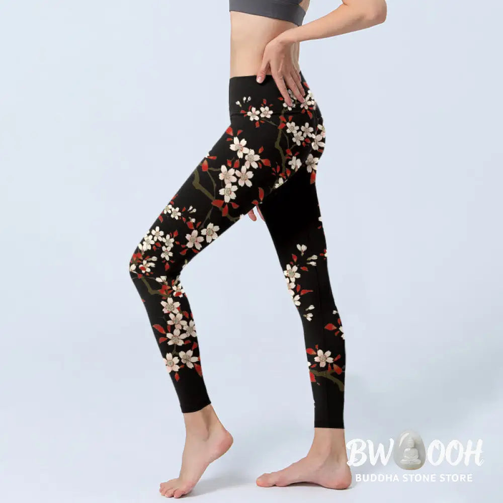 BWOOOH printed yoga leggings - White Cherry Blossoms Red Leaves Print G