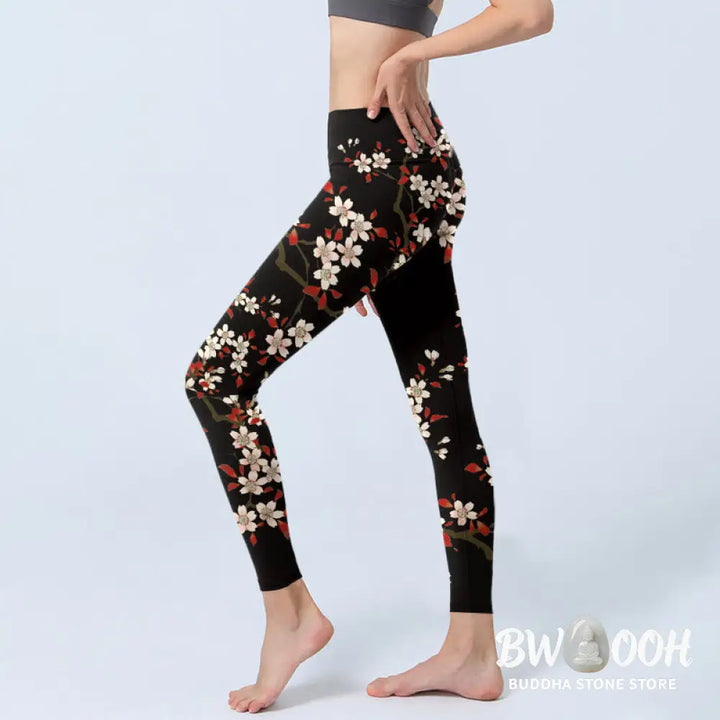 BWOOOH printed yoga leggings - White Cherry Blossoms Red Leaves Print G