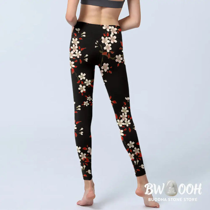 BWOOOH printed yoga leggings - White Cherry Blossoms Red Leaves Print G