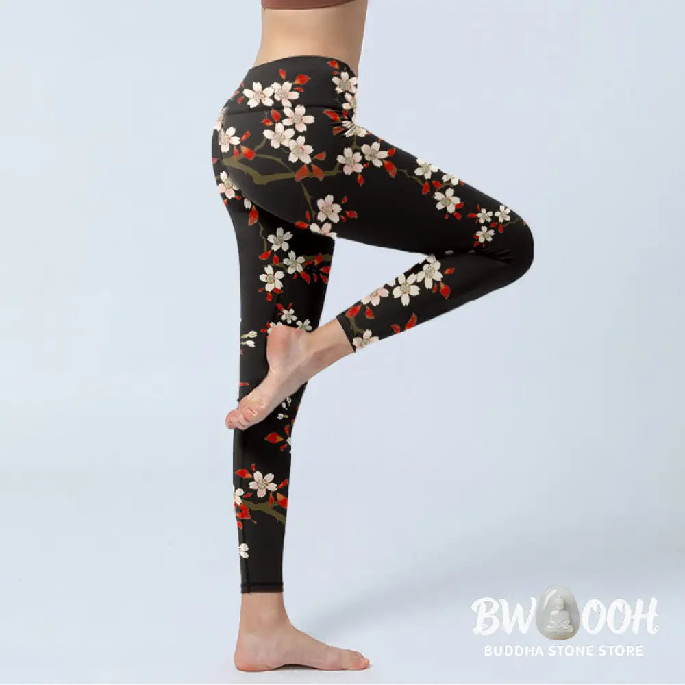 BWOOOH printed yoga leggings - White Cherry Blossoms Red Leaves Print G