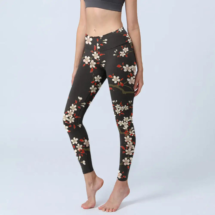 BWOOOH printed yoga leggings - White Cherry Blossoms Red Leaves Print G
