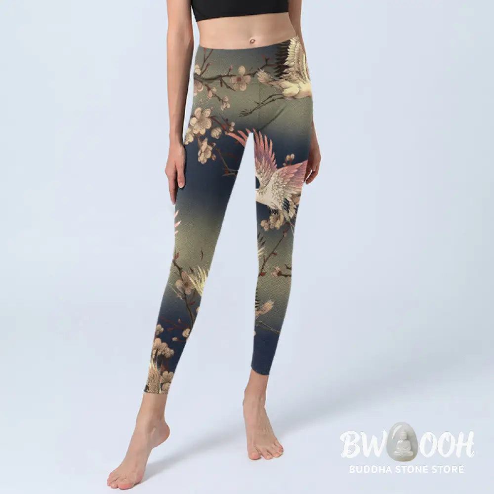 BWOOOH printed yoga leggings - White Crane White Blossoming Branch Prin