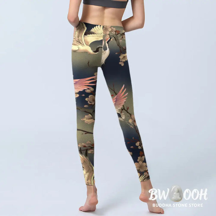 BWOOOH printed yoga leggings - White Crane White Blossoming Branch Prin