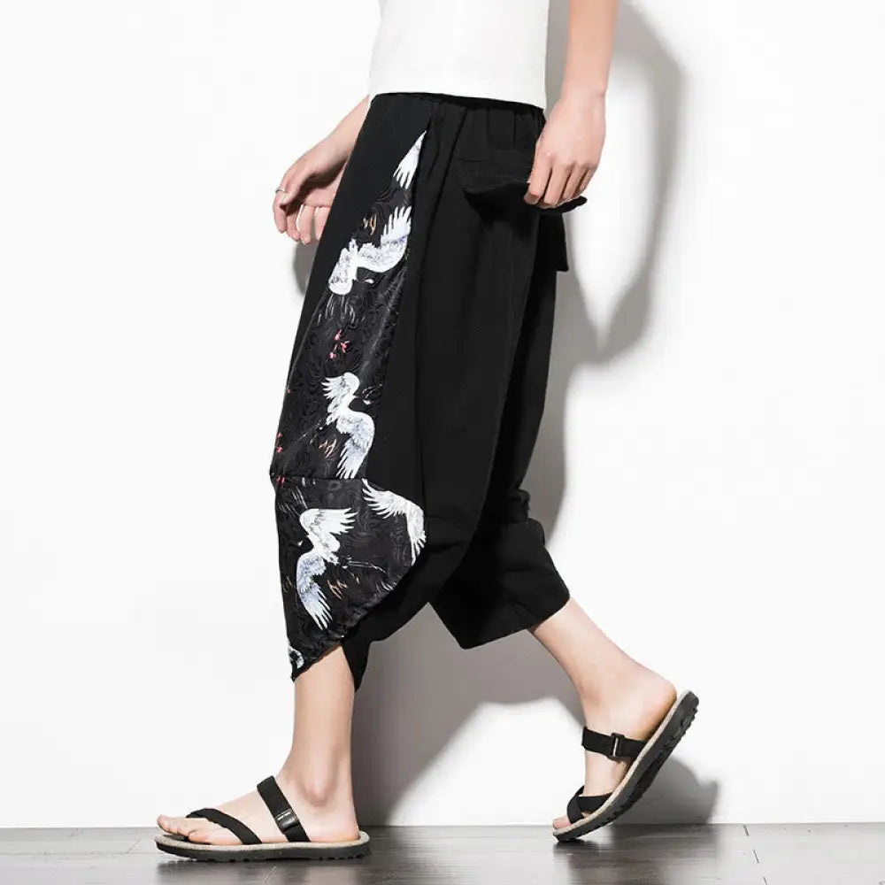 BWOOOH printed harem pants - White Crane Print Cotton Men&