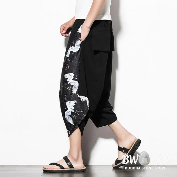 Buddha Stones White Crane Print Cotton Men’s Cropped Harem Pants With Pockets - Men’s Tapered Pants
