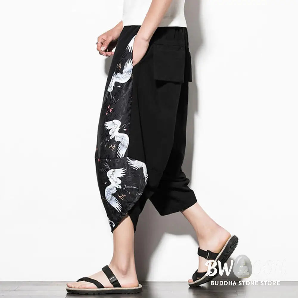 Buddha Stones White Crane Print Cotton Men’s Cropped Harem Pants With Pockets - Men’s Tapered Pants