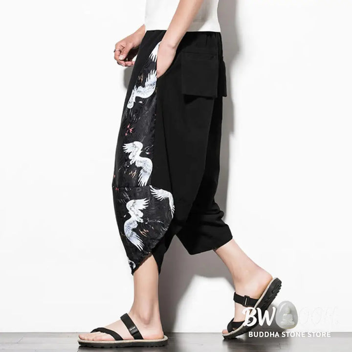 Buddha Stones White Crane Print Cotton Men’s Cropped Harem Pants With Pockets - Men’s Tapered Pants