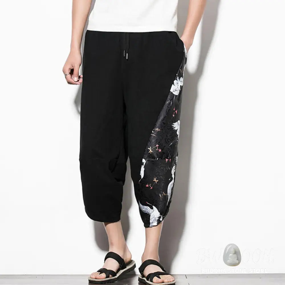 Buddha Stones White Crane Print Cotton Men’s Cropped Harem Pants With Pockets - Men’s Tapered Pants