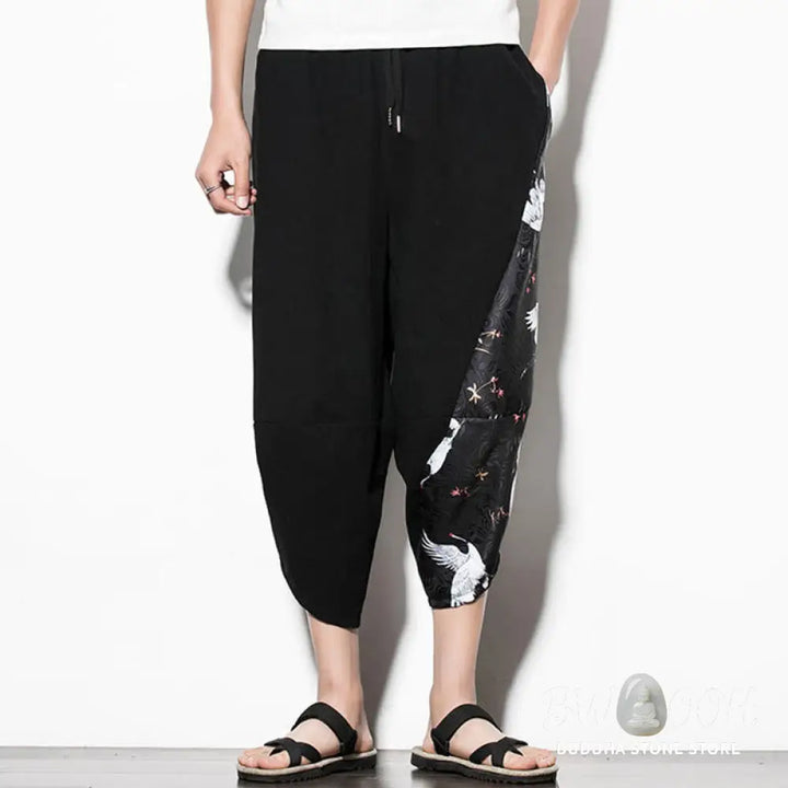 Buddha Stones White Crane Print Cotton Men’s Cropped Harem Pants With Pockets - Men’s Tapered Pants