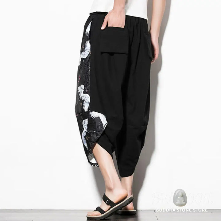 Buddha Stones White Crane Print Cotton Men’s Cropped Harem Pants With Pockets - Men’s Tapered Pants