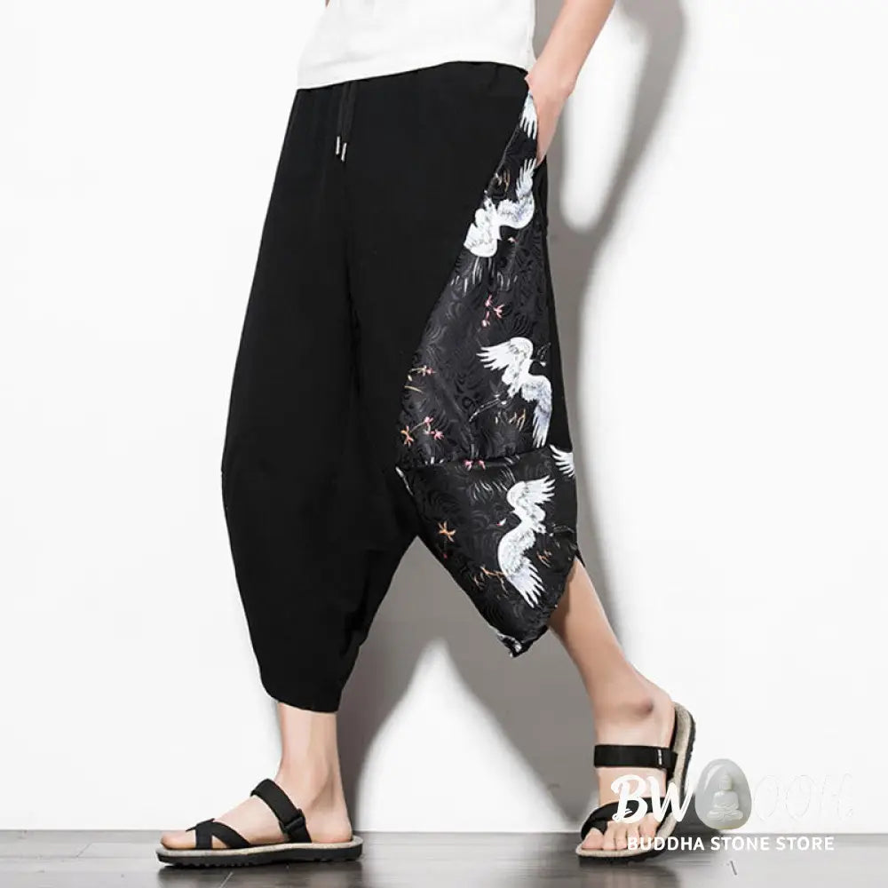 Buddha Stones White Crane Print Cotton Men’s Cropped Harem Pants With Pockets - Men’s Tapered Pants