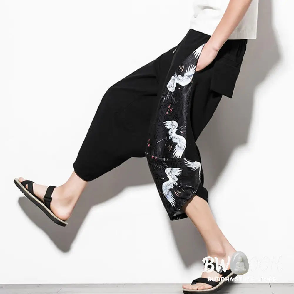 Buddha Stones White Crane Print Cotton Men’s Cropped Harem Pants With Pockets - Men’s Tapered Pants