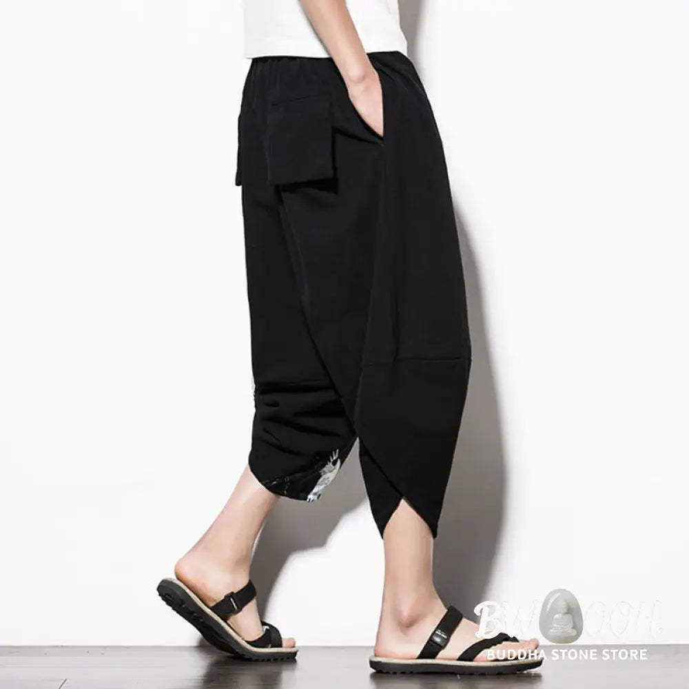 Buddha Stones White Crane Print Cotton Men’s Cropped Harem Pants With Pockets - Men’s Tapered Pants