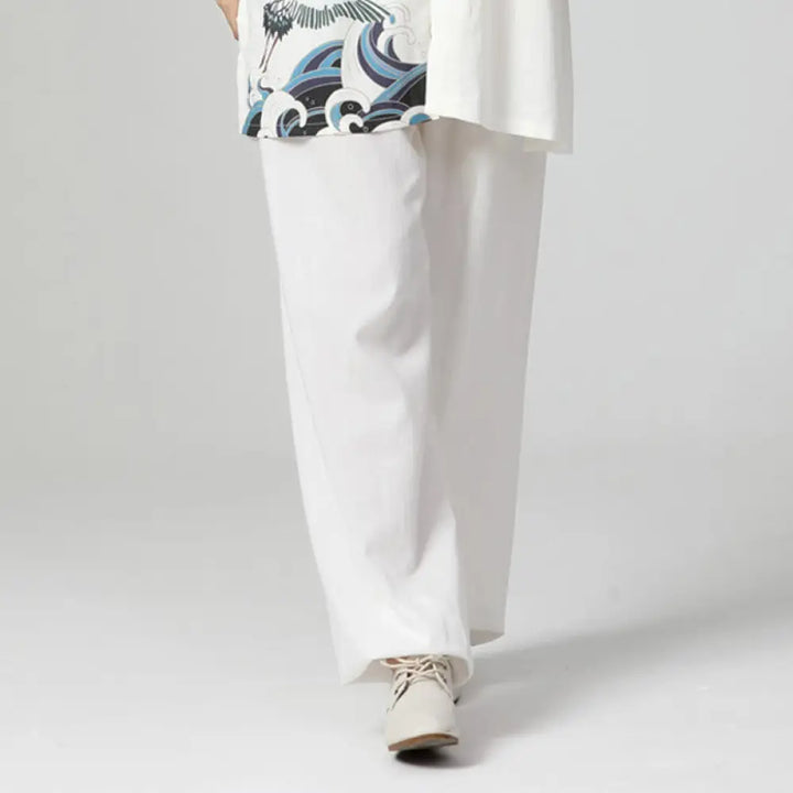 Buddha Stones White Crane Sea Cotton Linen Meditation Prayer Spiritual Zen Tai Chi Qigong Practice Clothing Set - White