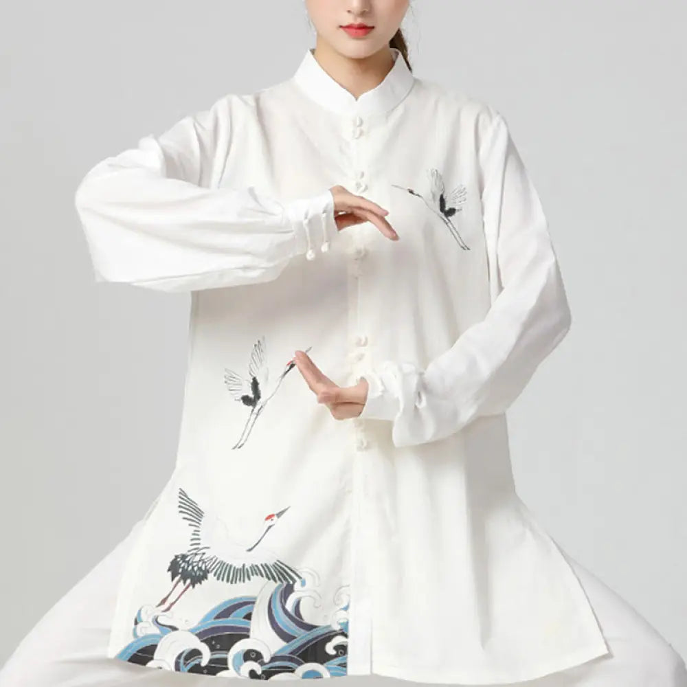 Buddha Stones White Crane Sea Cotton Linen Meditation Prayer Spiritual Zen Tai Chi Qigong Practice Clothing Set - White