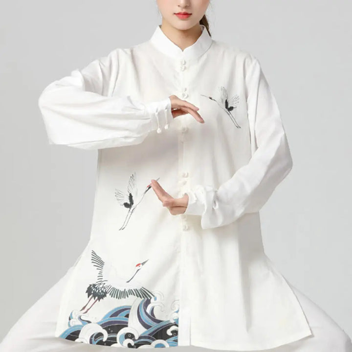 Buddha Stones White Crane Sea Cotton Linen Meditation Prayer Spiritual Zen Tai Chi Qigong Practice Clothing Set - White