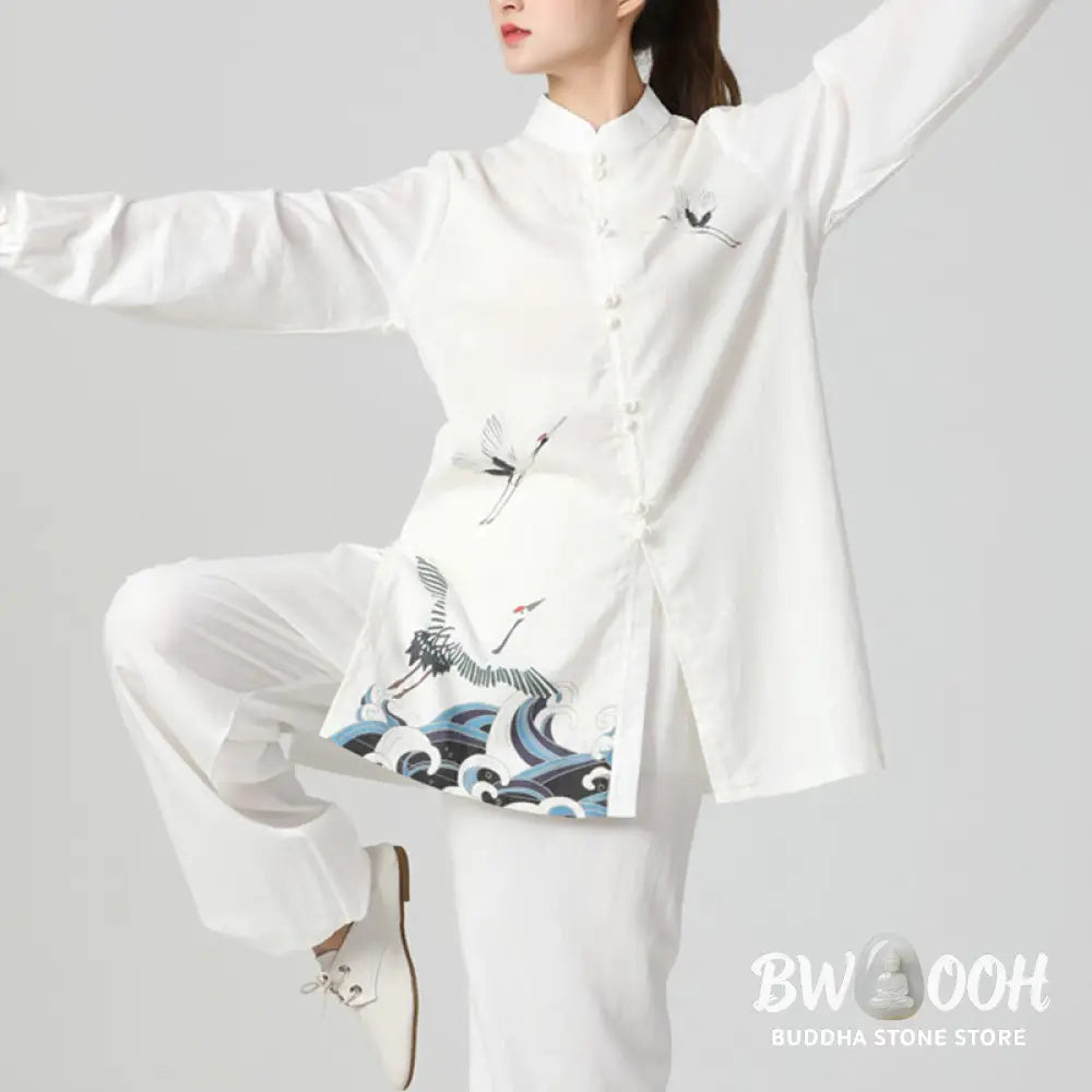 Buddha Stones White Crane Sea Cotton Linen Meditation Prayer Spiritual Zen Tai Chi Qigong Practice Clothing Set