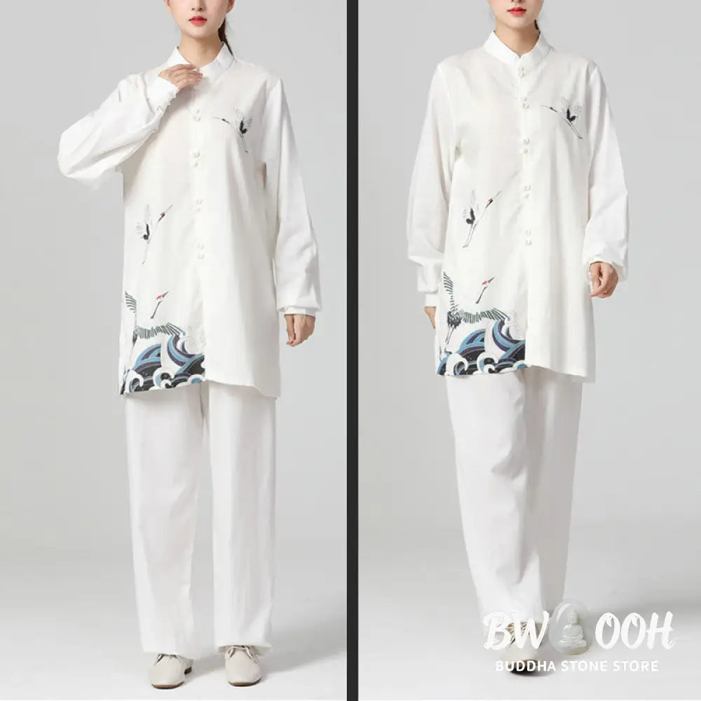 Buddha Stones White Crane Sea Cotton Linen Meditation Prayer Spiritual Zen Tai Chi Qigong Practice Clothing Set