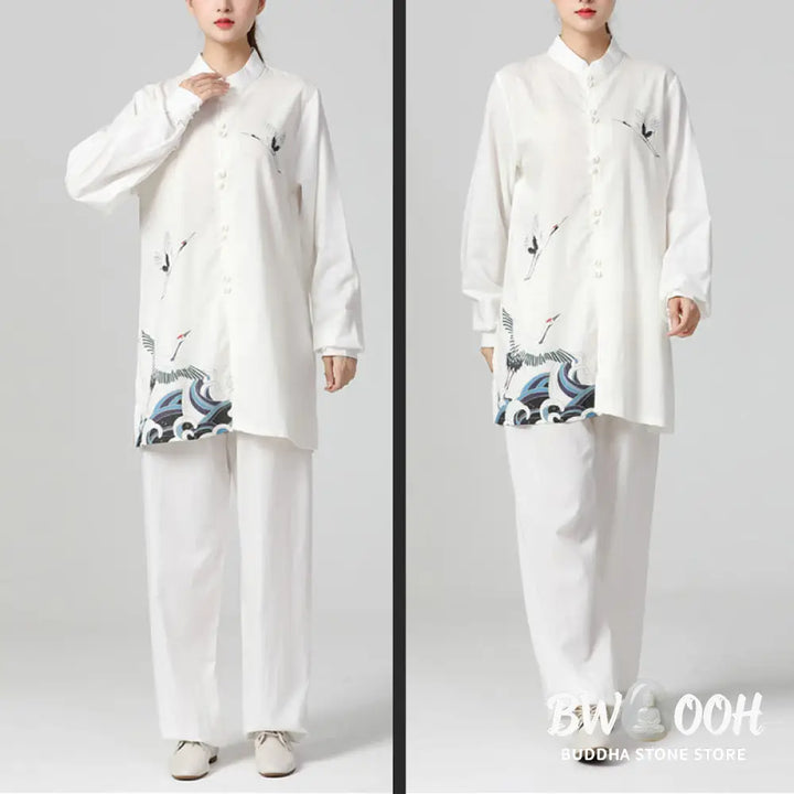 Buddha Stones White Crane Sea Cotton Linen Meditation Prayer Spiritual Zen Tai Chi Qigong Practice Clothing Set