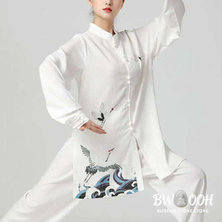 Buddha Stones White Crane Sea Cotton Linen Meditation Prayer Spiritual Zen Tai Chi Qigong Practice Clothing Set