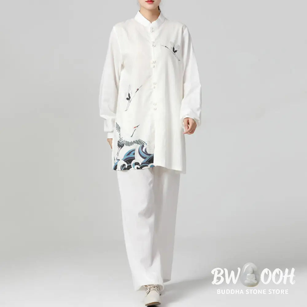 Buddha Stones White Crane Sea Cotton Linen Meditation Prayer Spiritual Zen Tai Chi Qigong Practice Clothing Set