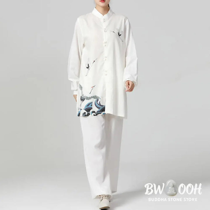 Buddha Stones White Crane Sea Cotton Linen Meditation Prayer Spiritual Zen Tai Chi Qigong Practice Clothing Set