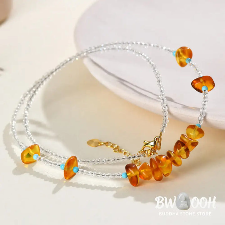Buddha Stones White Crystal Bead Irregular Amber Clarity Necklace Pendant - BWOOOH - White Crystal &amp; Amber - Necklaces