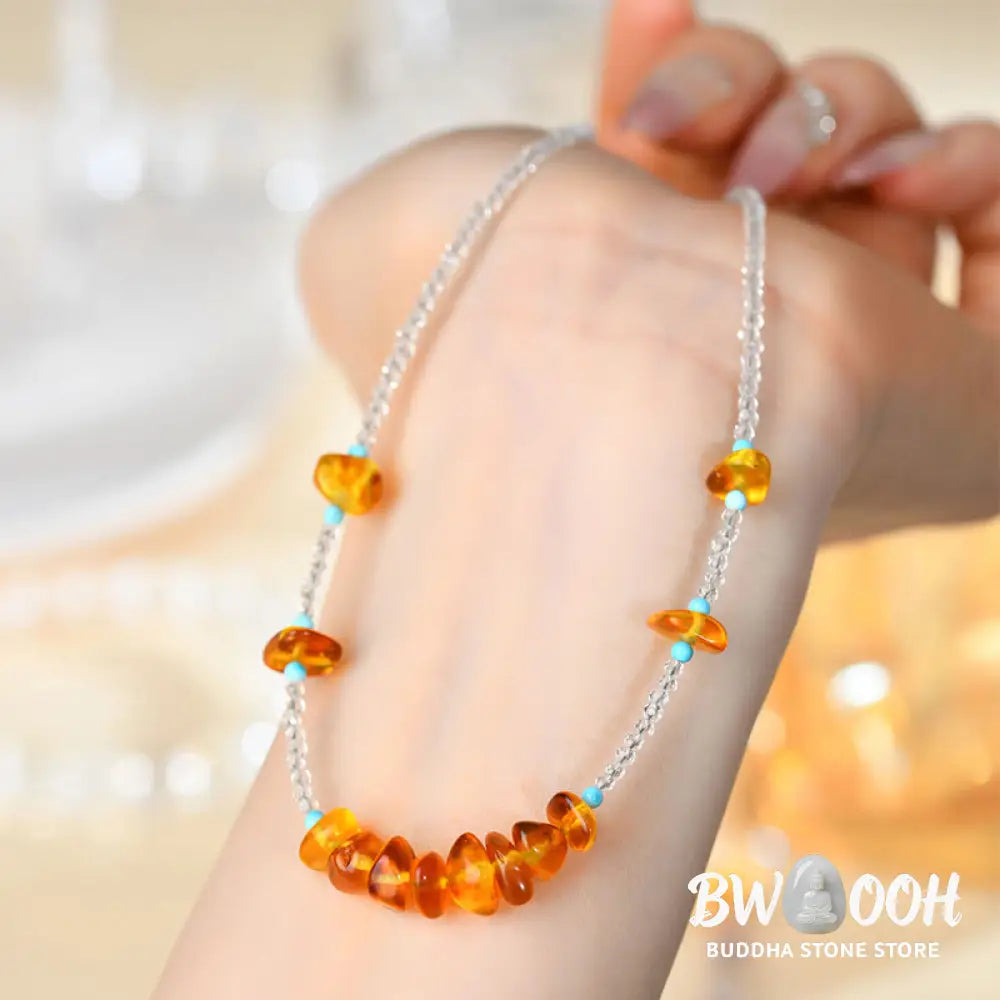 Buddha Stones White Crystal Bead Irregular Amber Clarity Necklace Pendant - BWOOOH - White Crystal &amp; Amber - Necklaces