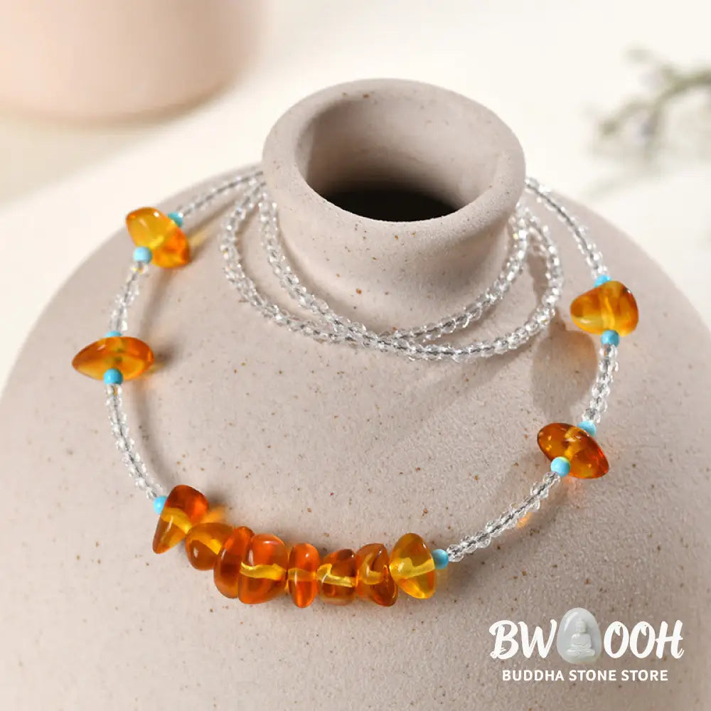 Buddha Stones White Crystal Bead Irregular Amber Clarity Necklace Pendant - BWOOOH - White Crystal &amp; Amber - Necklaces