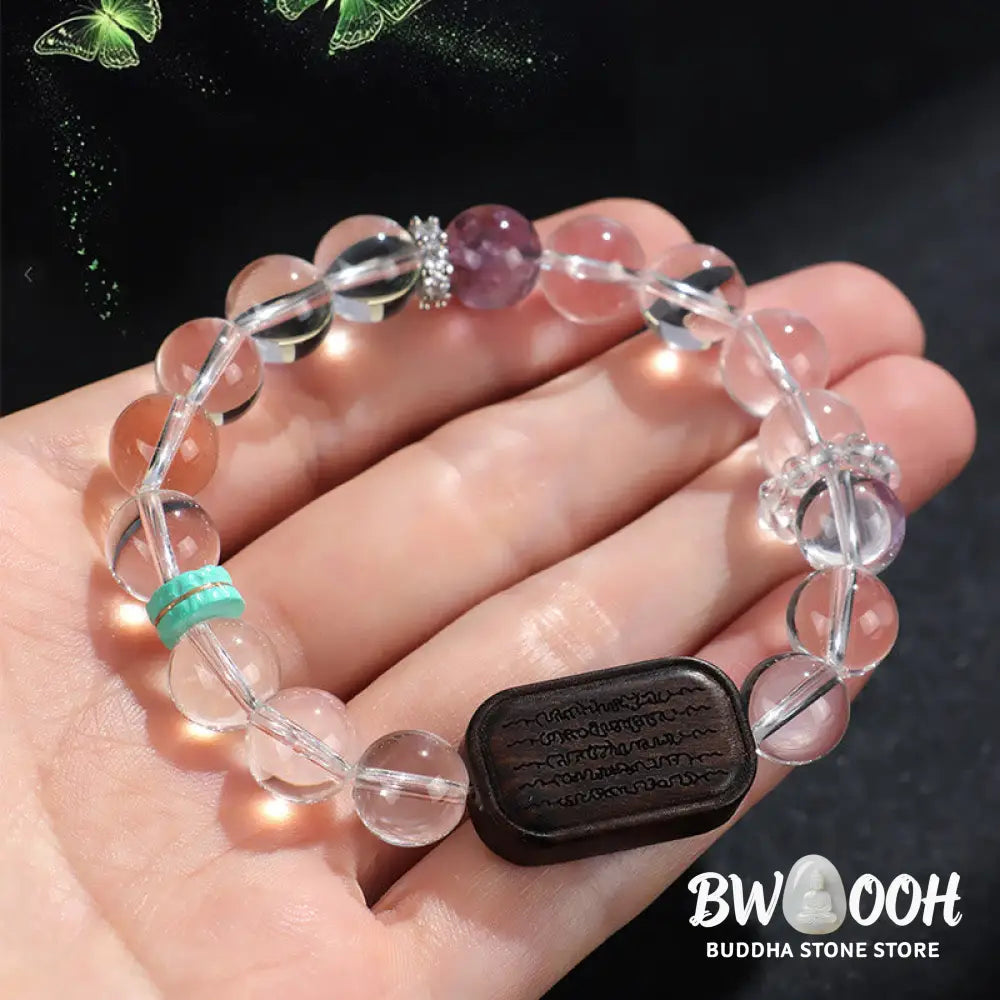 Buddha Stones White Crystal Ebony Wood Sak Yant Zashi Lhamo Healing Bracelet - BWOOOH - Bracelet