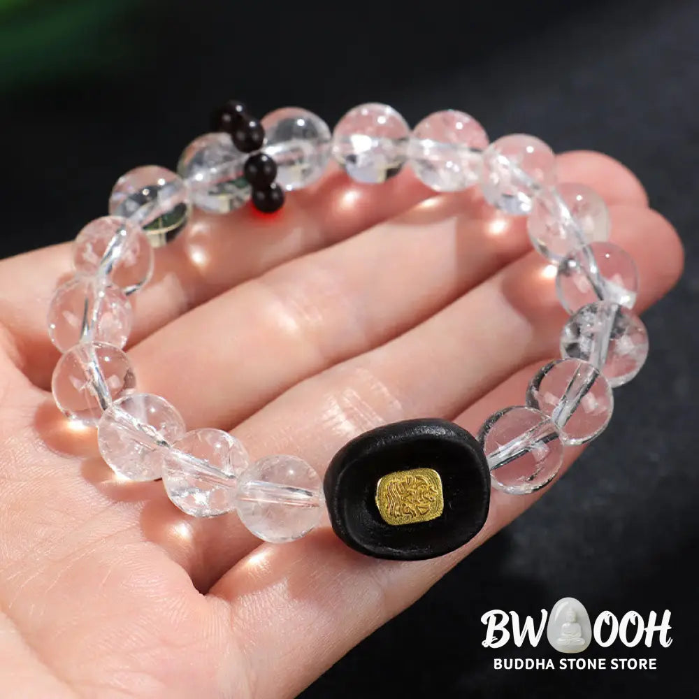 Buddha Stones White Crystal Ebony Wood Sak Yant Zashi Lhamo Healing Bracelet - BWOOOH - Bracelet