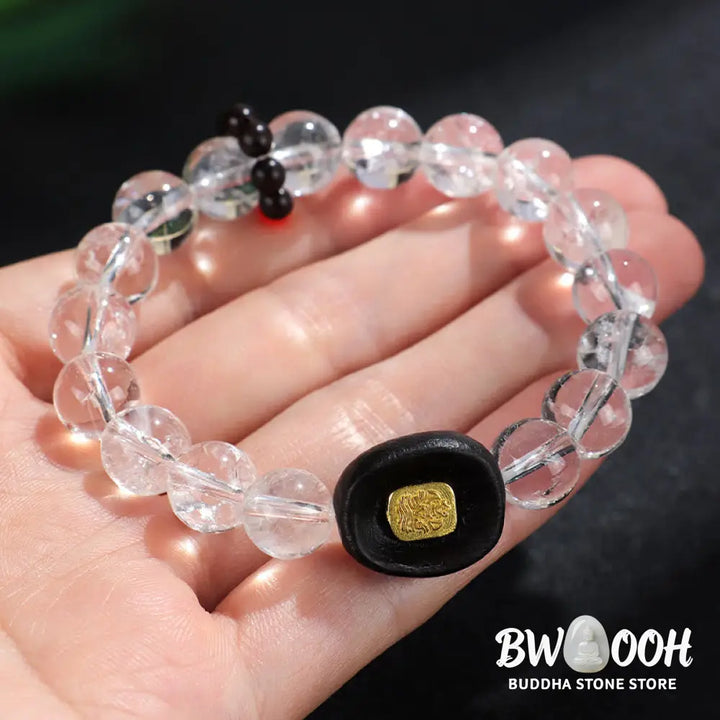 Buddha Stones White Crystal Ebony Wood Sak Yant Zashi Lhamo Healing Bracelet - BWOOOH - Bracelet