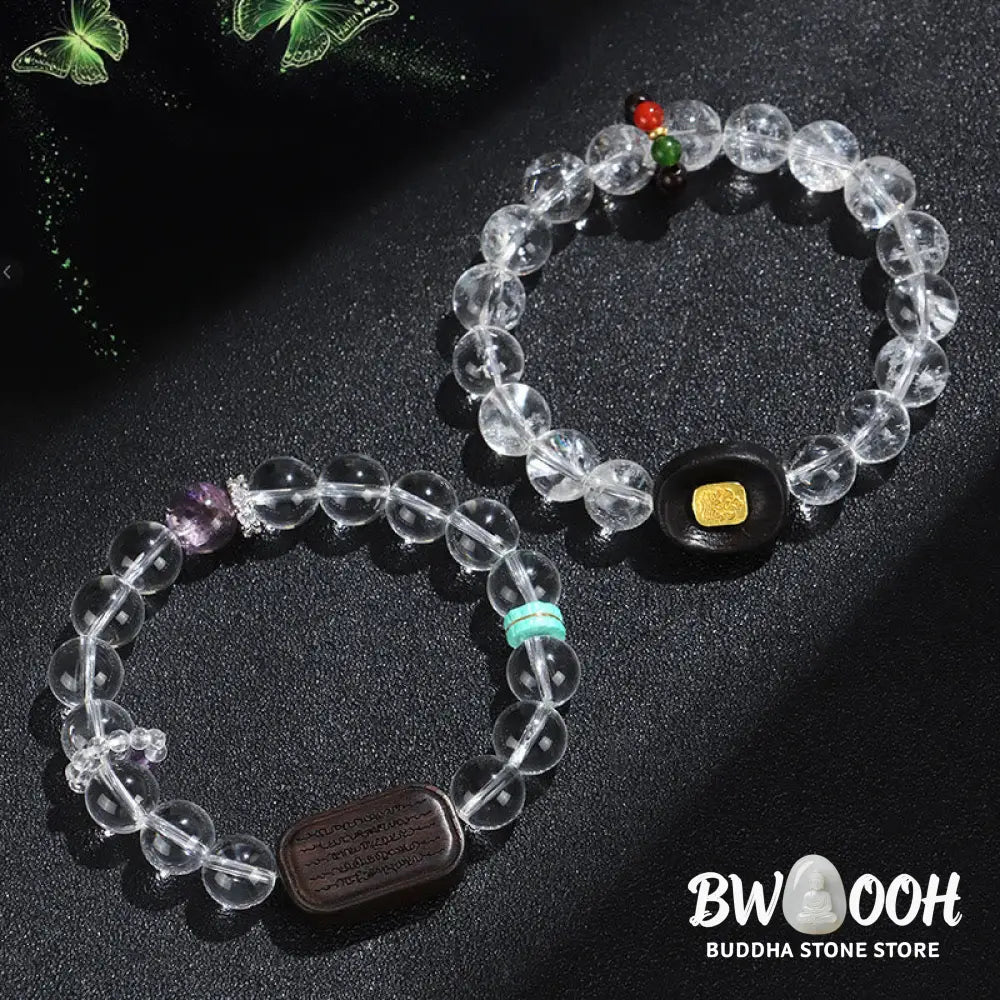 Buddha Stones White Crystal Ebony Wood Sak Yant Zashi Lhamo Healing Bracelet - BWOOOH - Bracelet