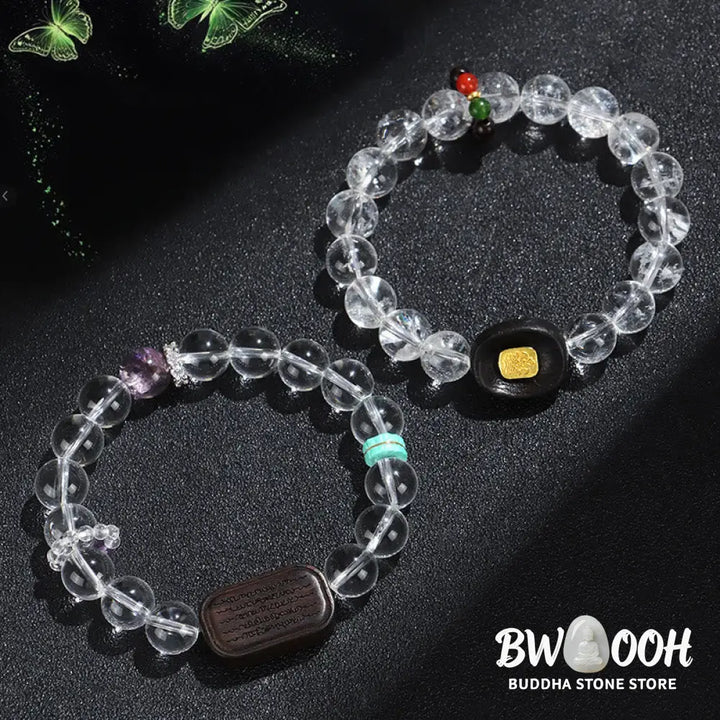 Buddha Stones White Crystal Ebony Wood Sak Yant Zashi Lhamo Healing Bracelet - BWOOOH - Bracelet