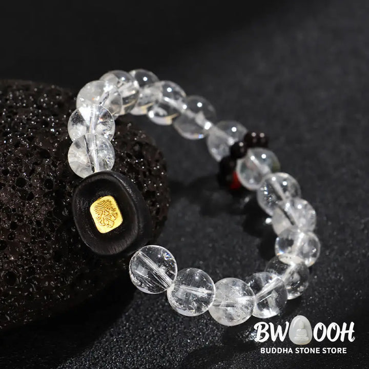 Buddha Stones White Crystal Ebony Wood Sak Yant Zashi Lhamo Healing Bracelet - BWOOOH - Bracelet