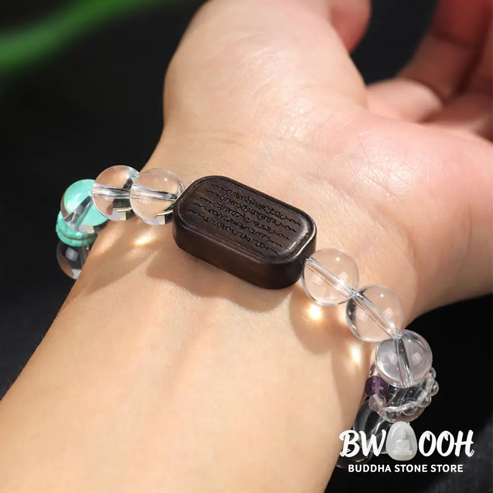 Buddha Stones White Crystal Ebony Wood Sak Yant Zashi Lhamo Healing Bracelet - BWOOOH - Bracelet