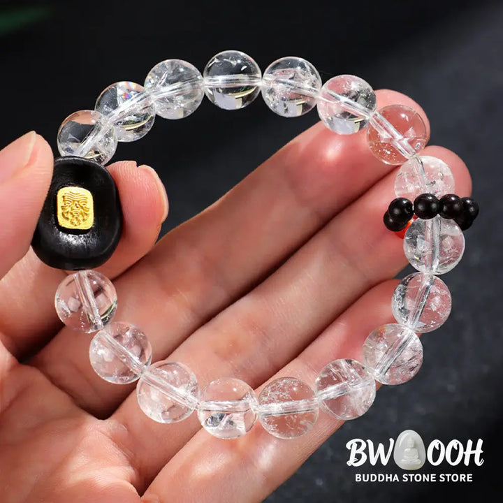 Buddha Stones White Crystal Ebony Wood Sak Yant Zashi Lhamo Healing Bracelet - BWOOOH - Bracelet