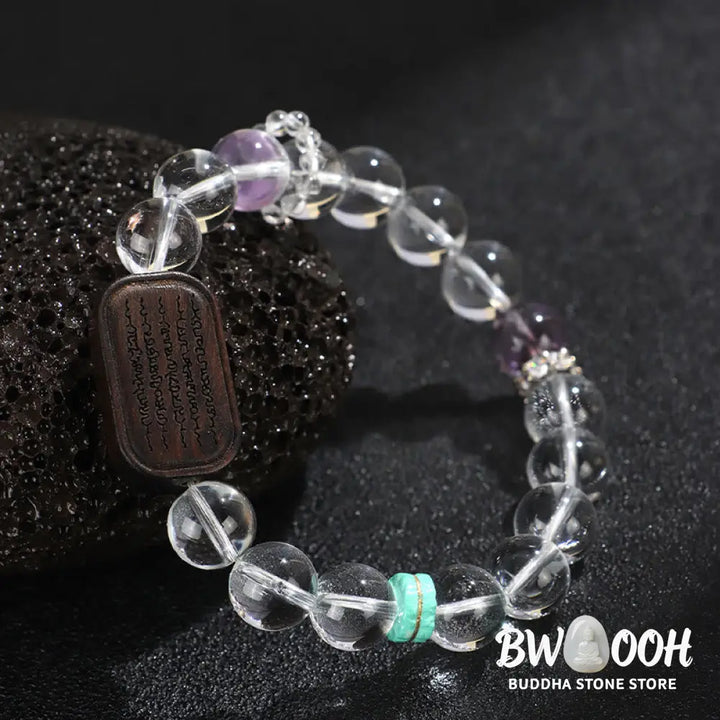 Buddha Stones White Crystal Ebony Wood Sak Yant Zashi Lhamo Healing Bracelet - BWOOOH - Bracelet