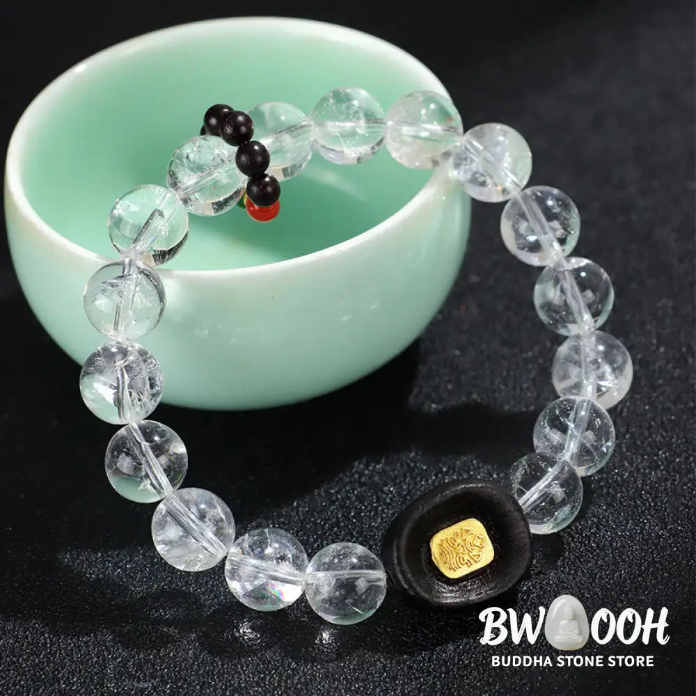 Buddha Stones White Crystal Ebony Wood Sak Yant Zashi Lhamo Healing Bracelet - BWOOOH - Bracelet