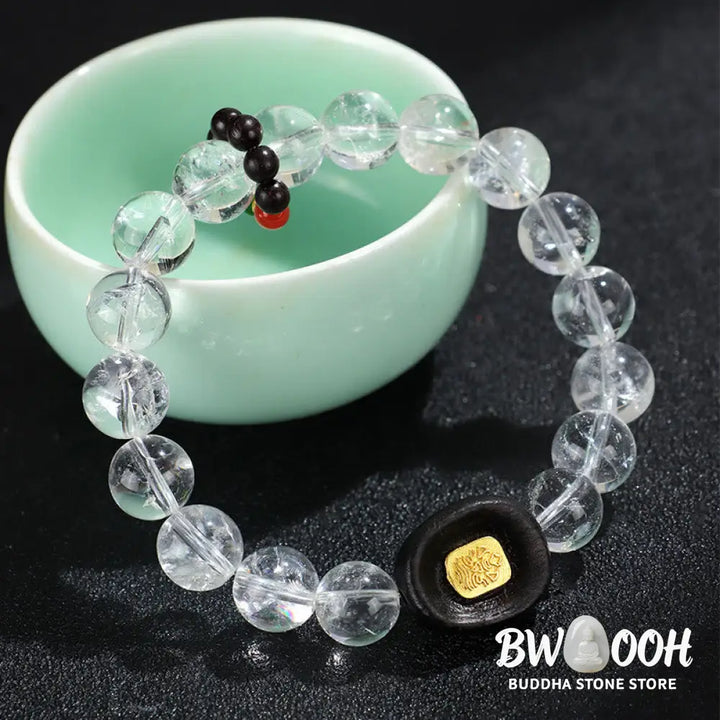 Buddha Stones White Crystal Ebony Wood Sak Yant Zashi Lhamo Healing Bracelet - BWOOOH - Bracelet