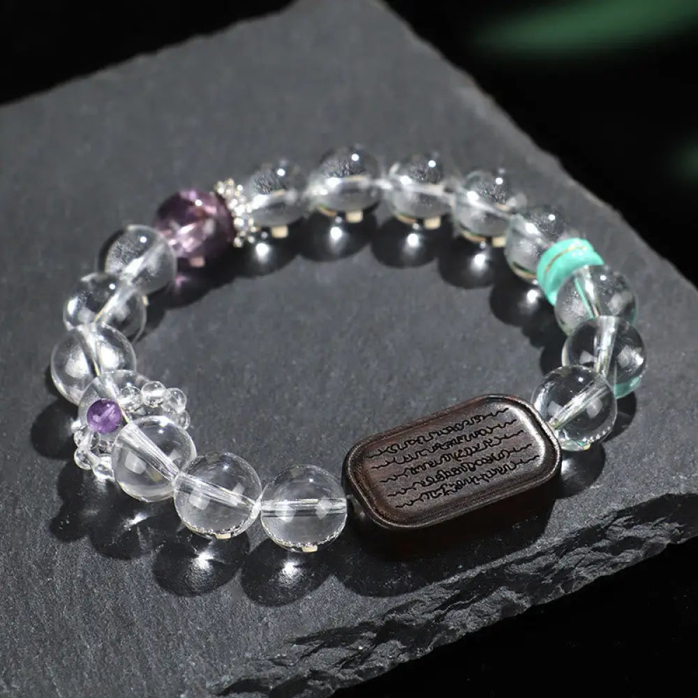 Buddha Stones White Crystal Ebony Wood Sak Yant Zashi Lhamo Healing Bracelet - BWOOOH - White Crystal Ebony Wood Zashi