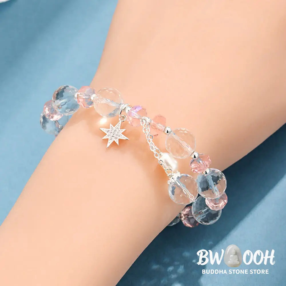 Buddha Stones White Crystal Pink Crystal Protection Star Charm Bracelet - BWOOOH - White Crystal(Wrist Circumference