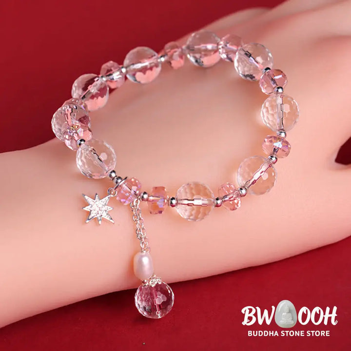 Buddha Stones White Crystal Pink Crystal Protection Star Charm Bracelet - BWOOOH - White Crystal(Wrist Circumference