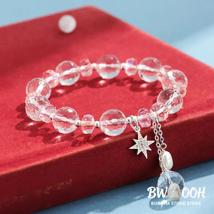 Buddha Stones White Crystal Pink Crystal Protection Star Charm Bracelet - BWOOOH - White Crystal(Wrist Circumference