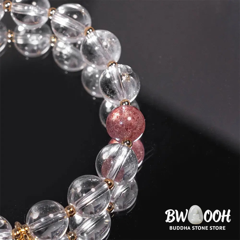 Buddha Stones White Crystal Strawberry Quartz Healing Attract Fortune Charm Bracelet - BWOOOH - White Crystal(Wrist